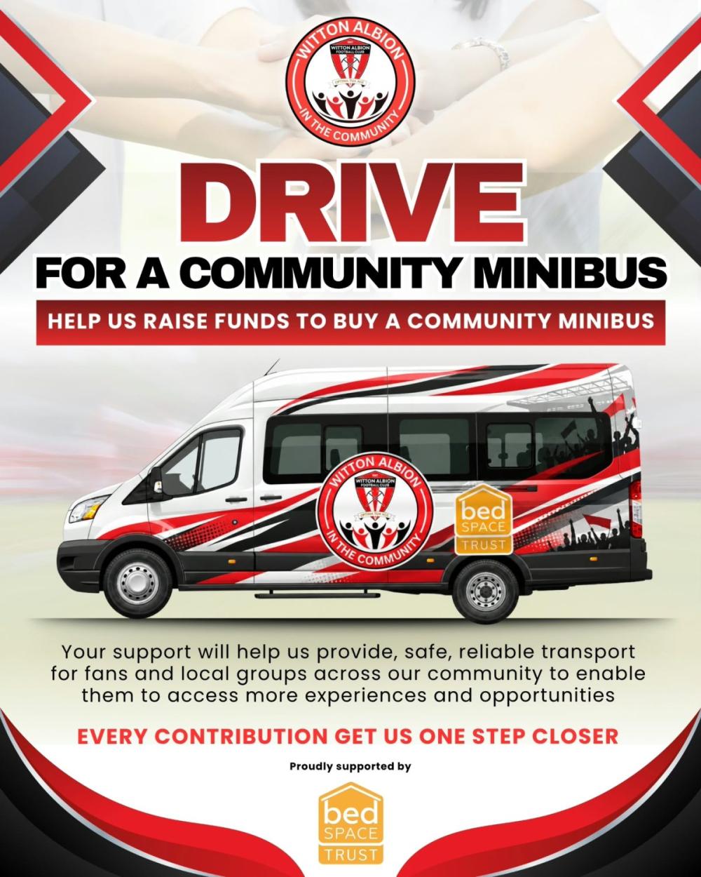 Drive for a Community Minibus appeal poster, supported by Bed Space Trust